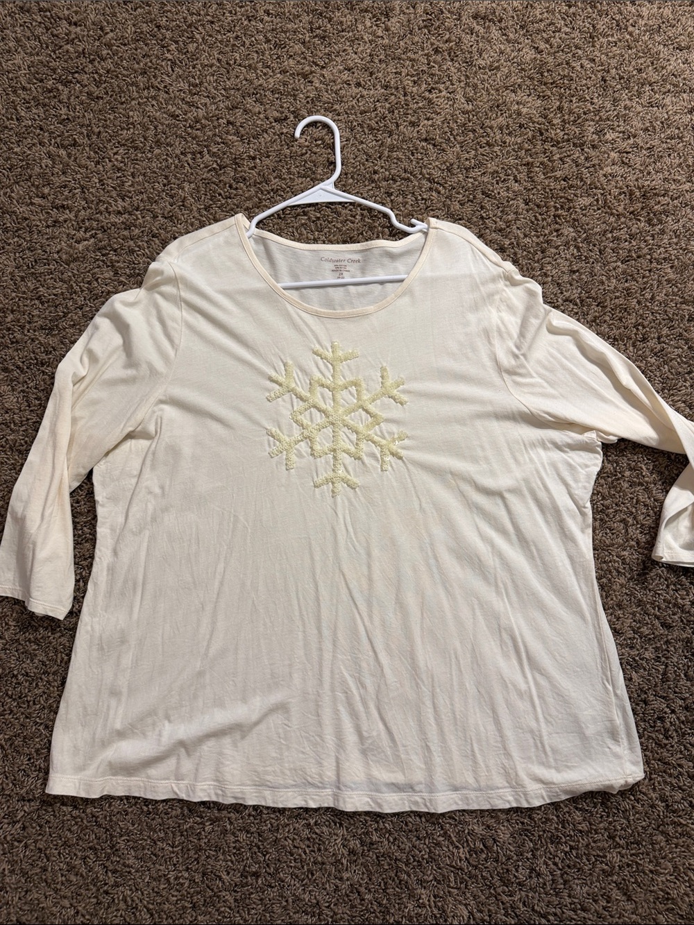 Coldwater Creek Cream Long Sleeve Tee with Embroidered Snowflake Detail